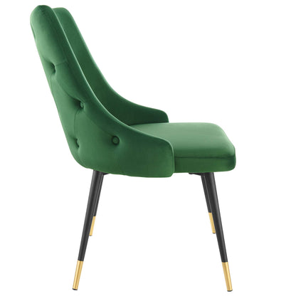 Emerald green velvet dining side chairs set of 2 with tufted backs, curved arms, and black legs with gold tips