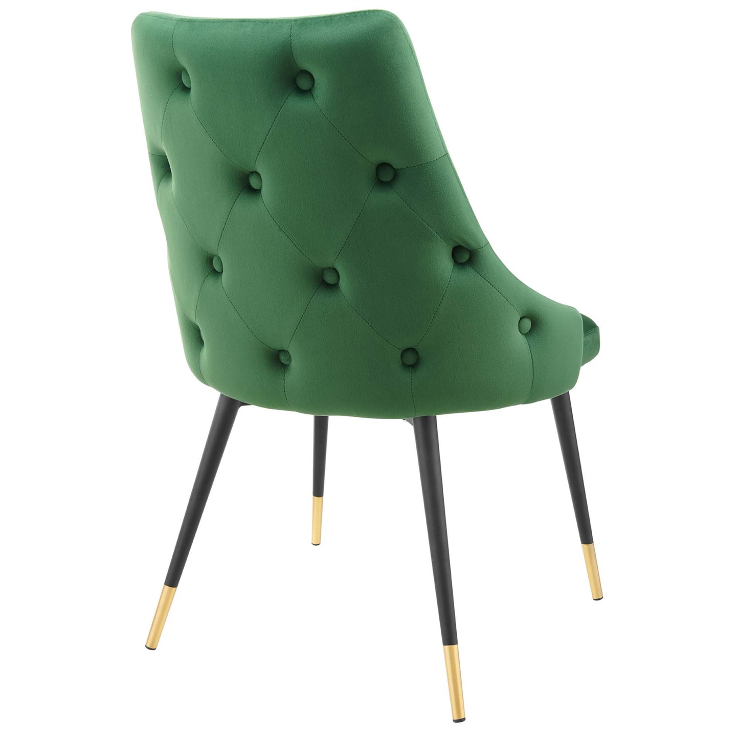 Emerald green tufted velvet dining side chair set of 2 with diamond button pattern, curved back, black tapered legs with gold tips.