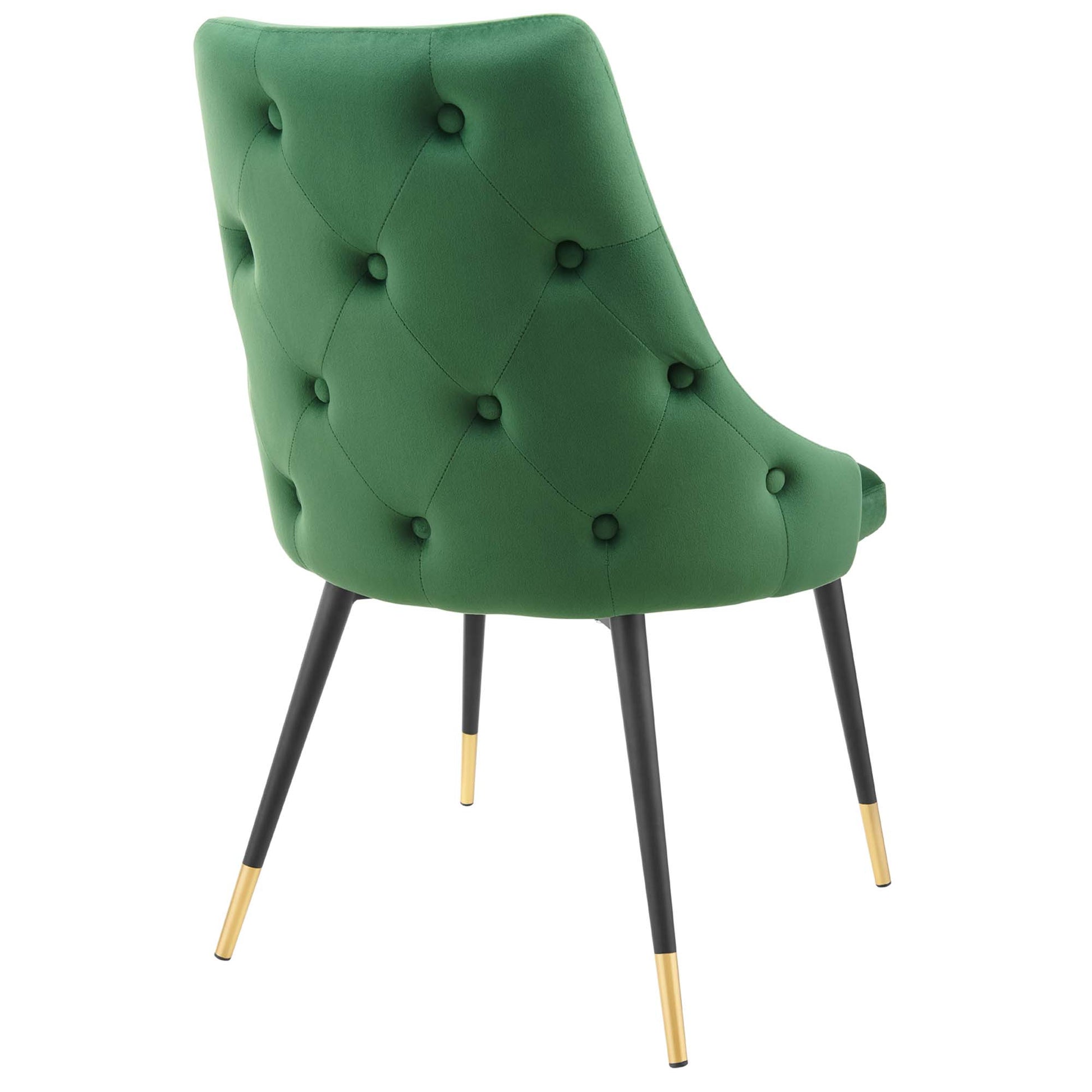 Emerald green tufted velvet dining side chair set of 2 with diamond button pattern, curved back, black tapered legs with gold tips.