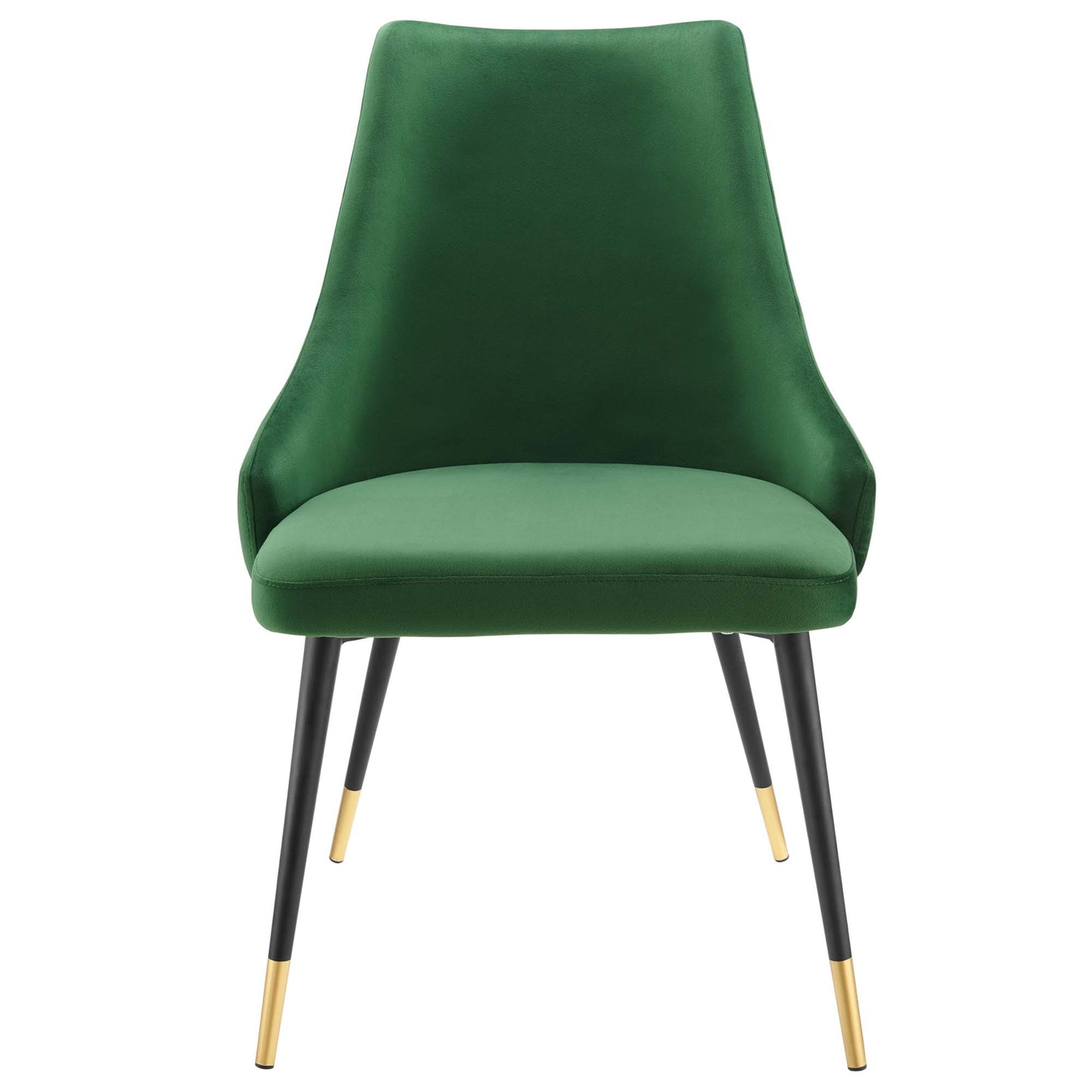 Emerald green velvet dining chair with curved high back, cushioned seat and black metal legs with gold tip caps.