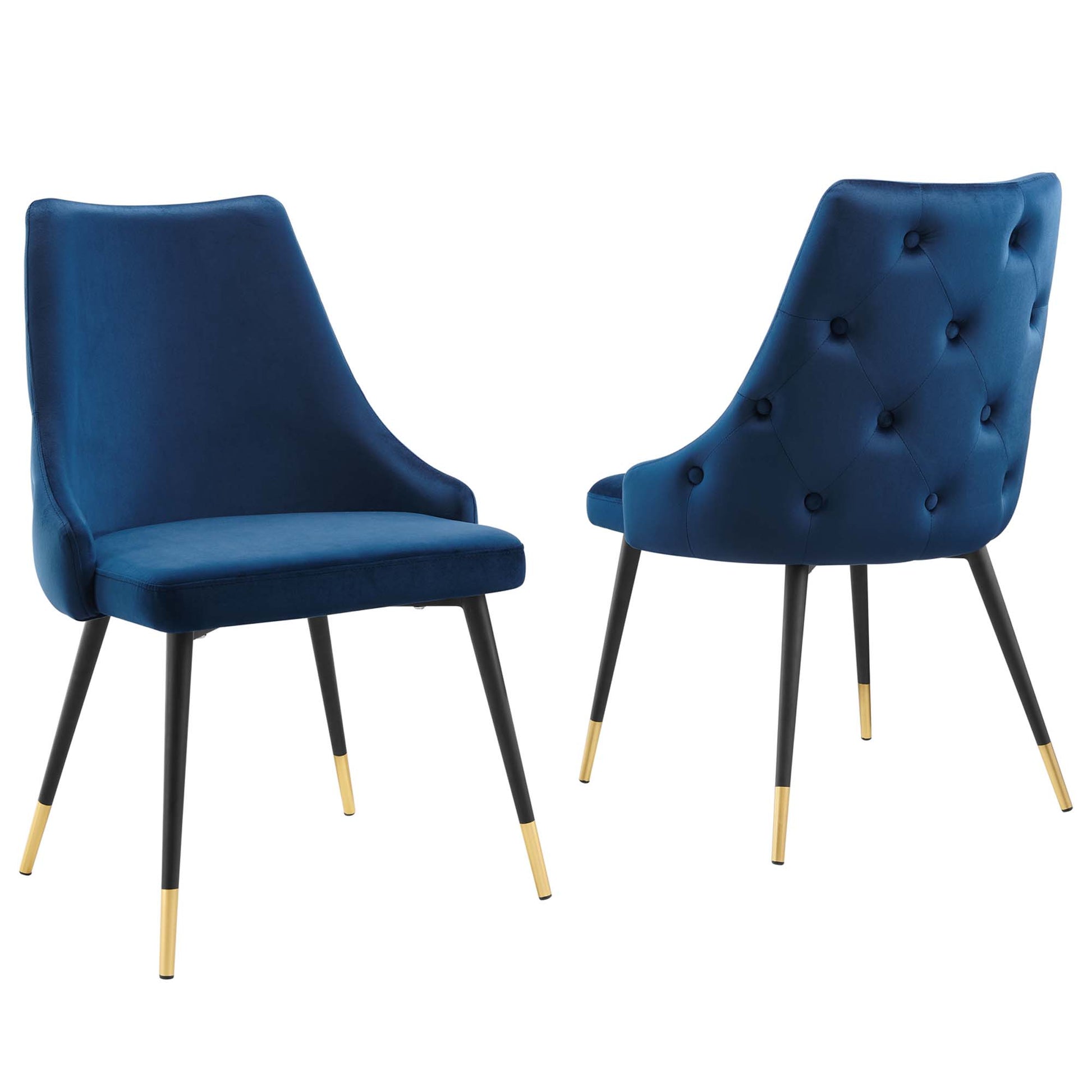 Two navy blue velvet dining chairs, one tufted with button back, the other smooth, with gold-tipped black legs.