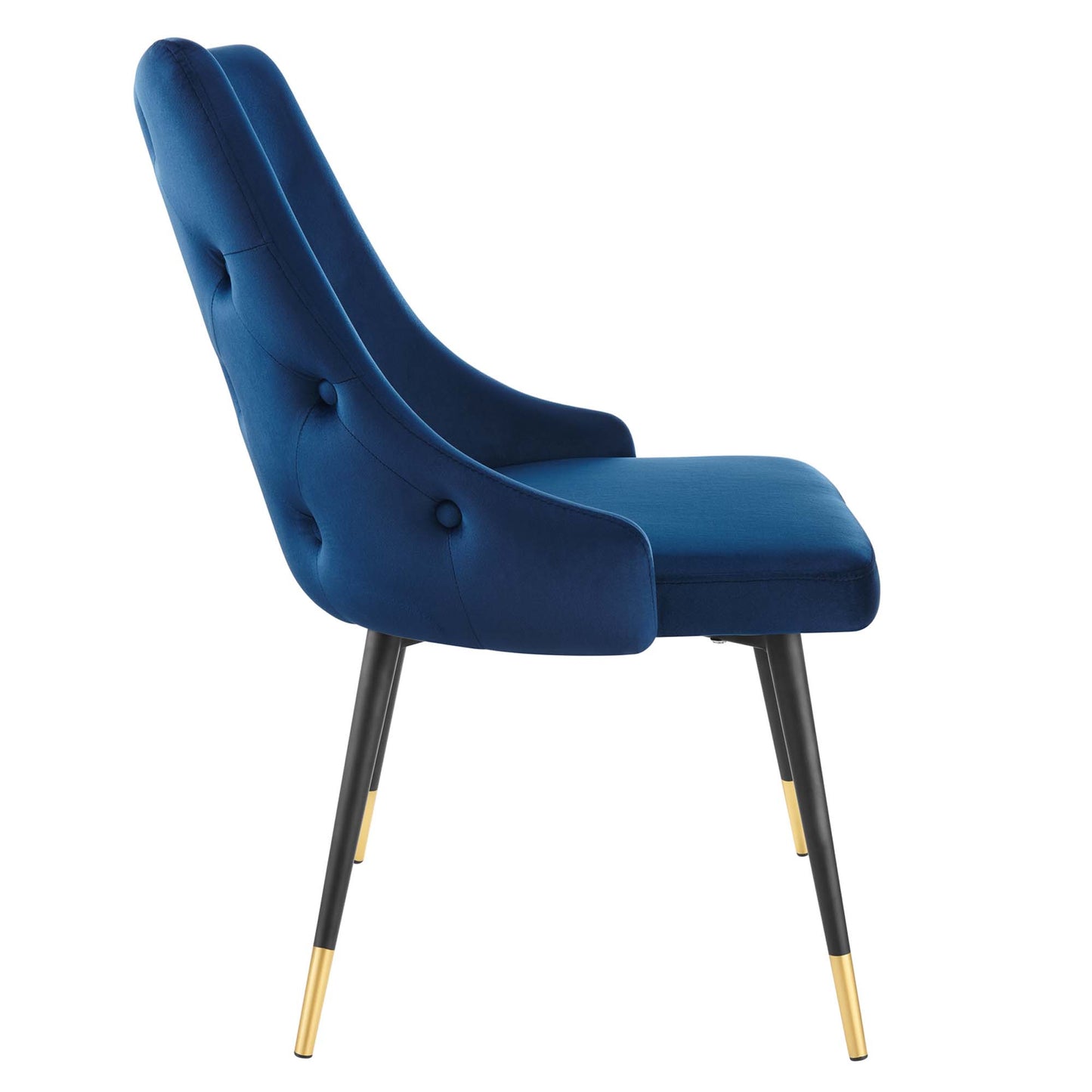 Navy blue upholstered dining side chair with a tall curved back, button tufting on the sides, and black legs with gold tips.