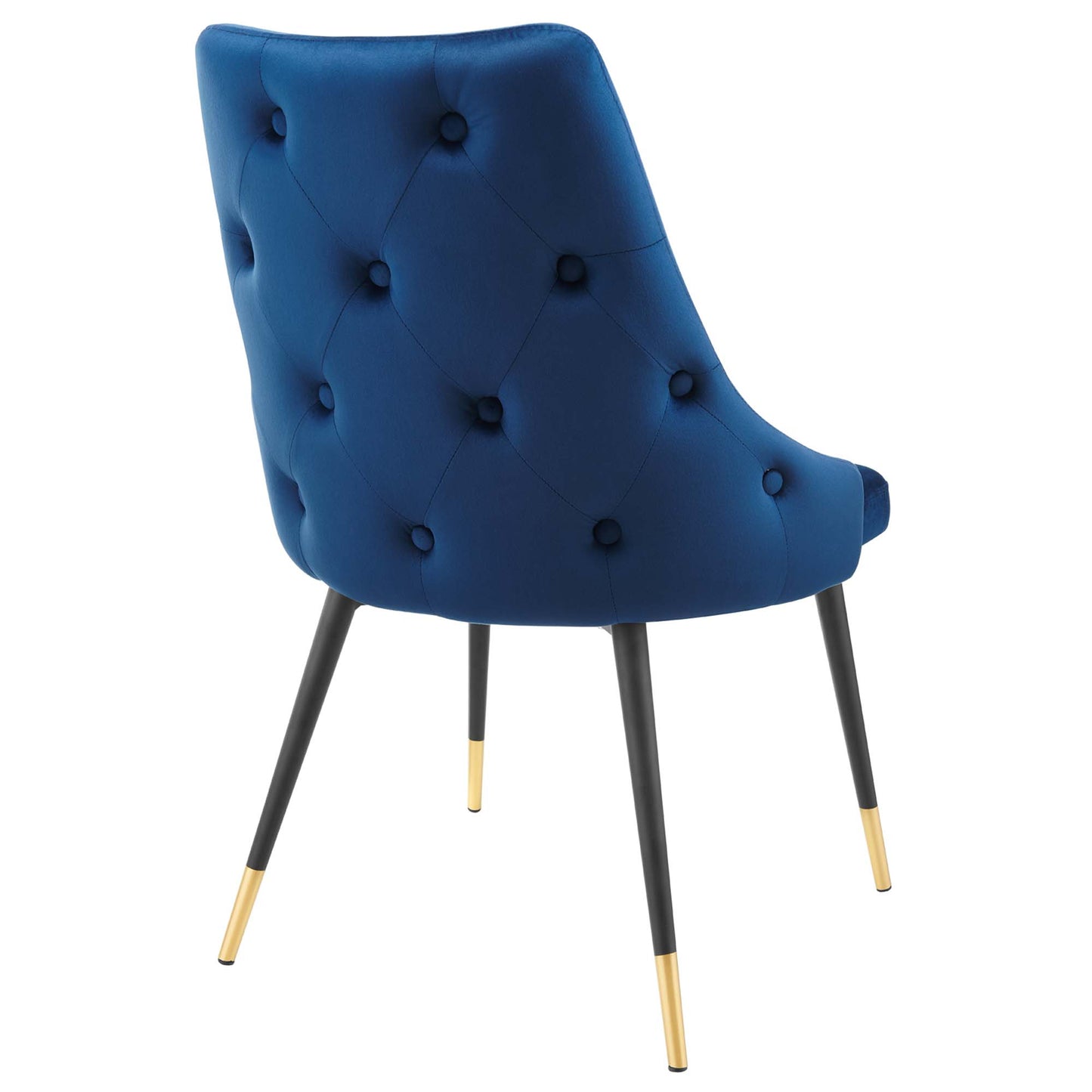 navy velvet tufted dining side chair with curved back, black legs with gold tips