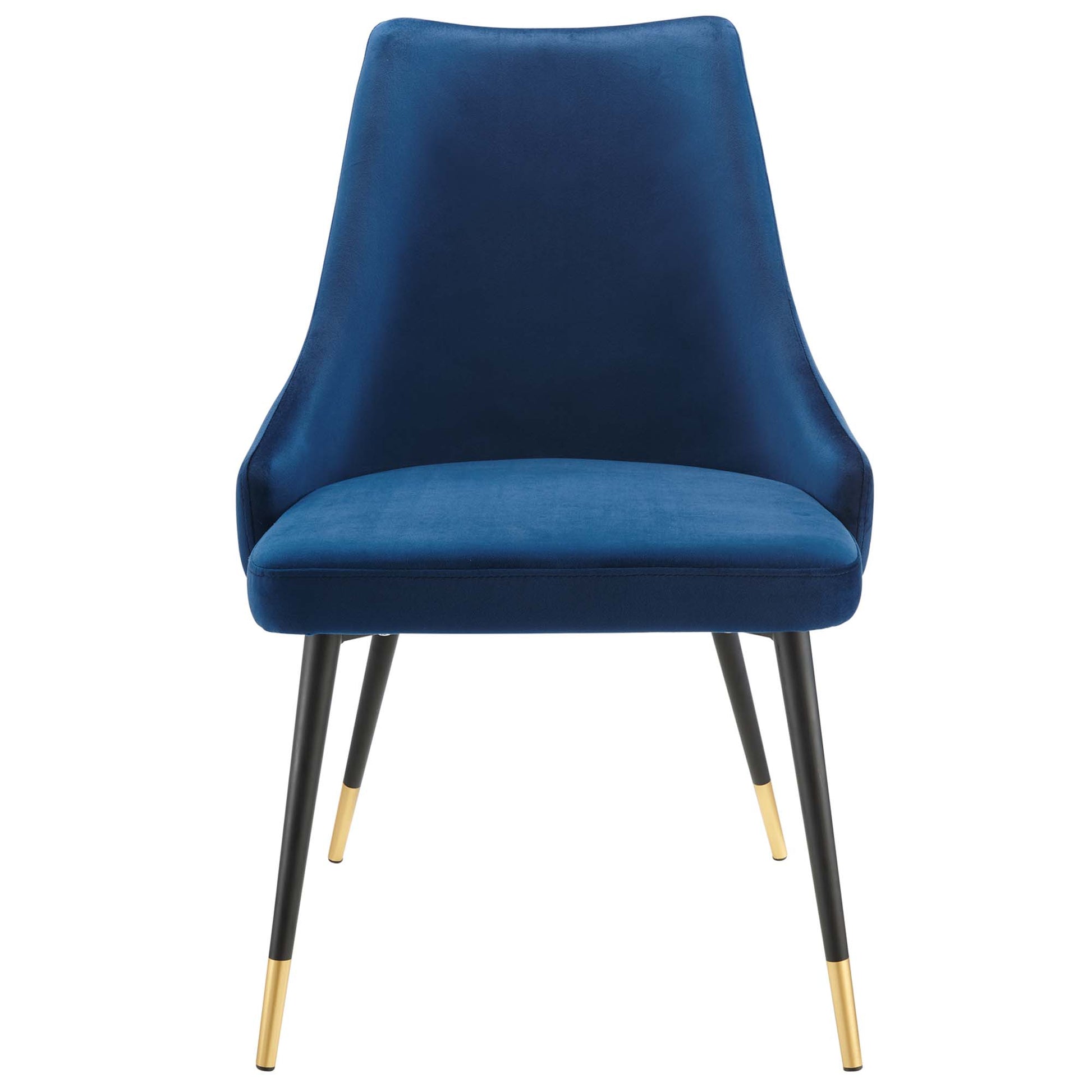 Navy velvet dining side chairs, set of 2, with curved backs and black tapered legs with gold tips.
