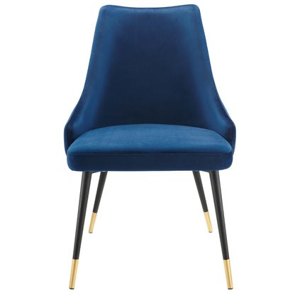 Navy velvet dining side chairs, set of 2, with curved backs and black tapered legs with gold tips.