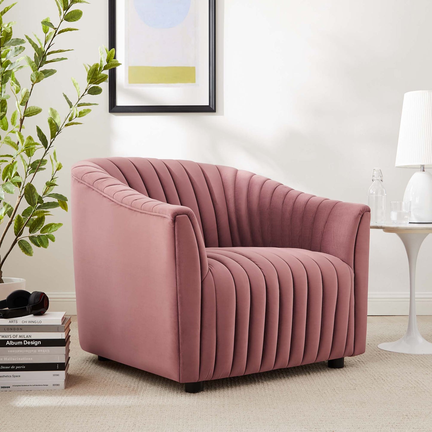 Modway Outlet Announce Performance Velvet Channel Tufted Armchair by Modway  Living Room Furniture Dusty Rose - EEI-5055-DUS