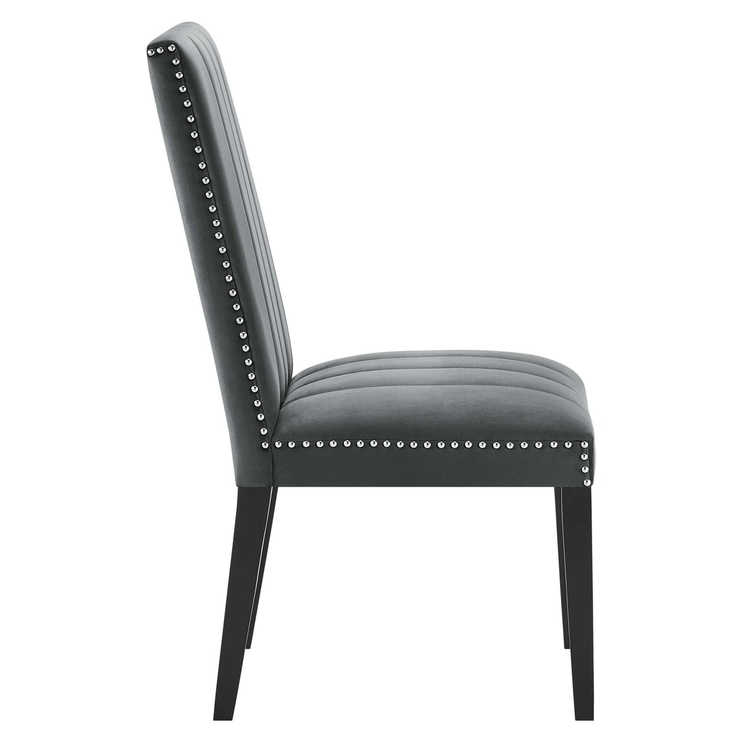 Grey velvet dining chairs set of 2 with silver nailhead trim, curved backs, cushioned seats and dark wood legs