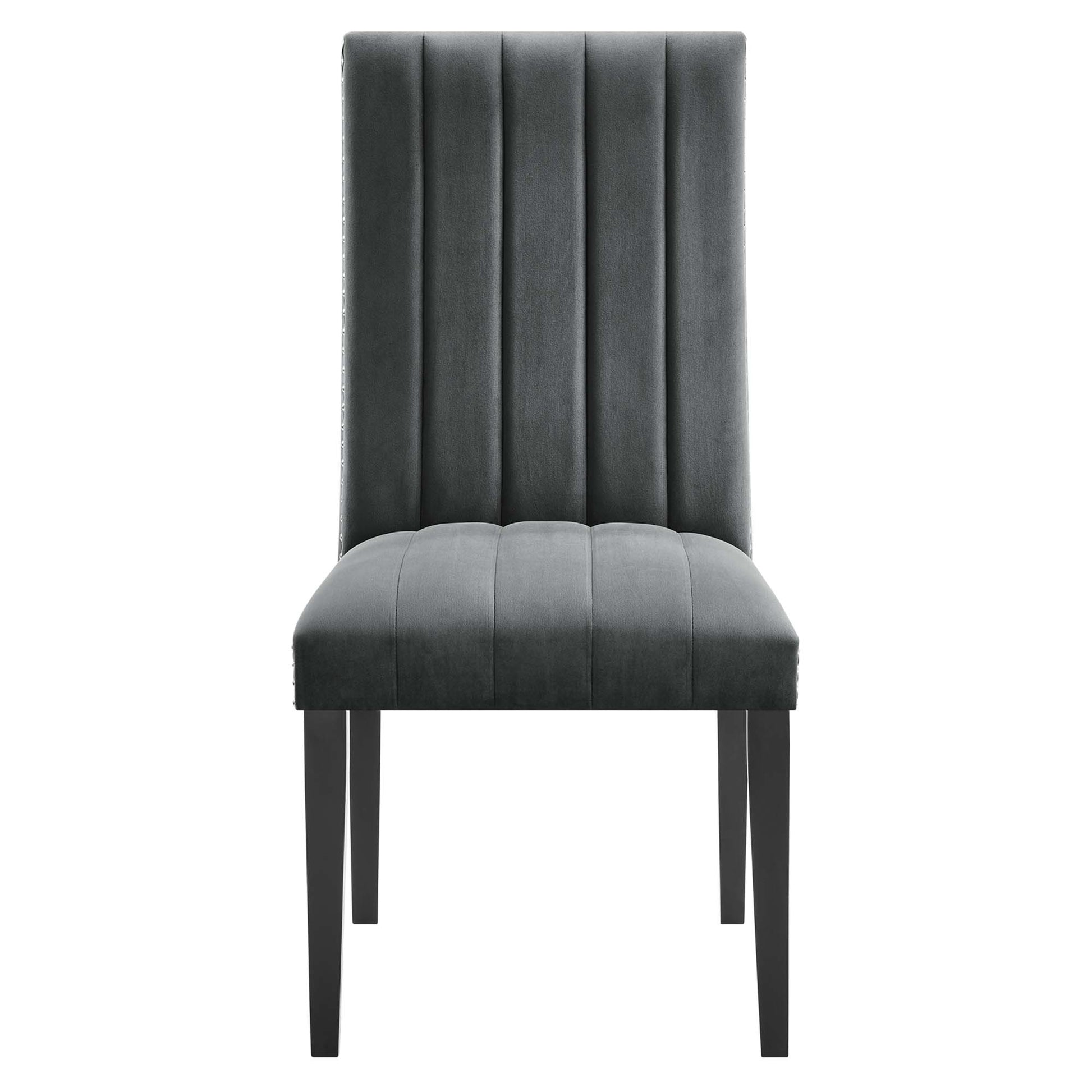 Dining side chairs set of 2, dark gray upholstery with tall vertical channel backs, padded seats, and straight legs.