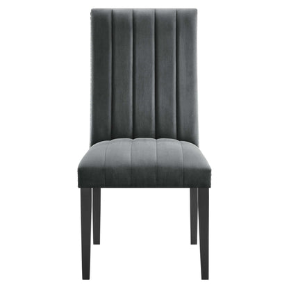 Dining side chairs set of 2, dark gray upholstery with tall vertical channel backs, padded seats, and straight legs.