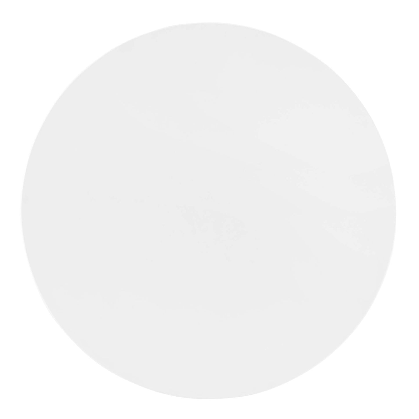 White circular dining table with a smooth matte finish; minimalist round design.