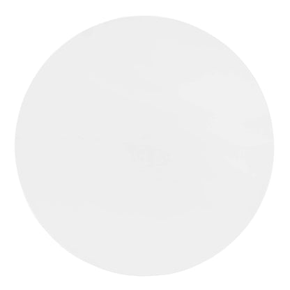 White circular dining table with a smooth matte finish; minimalist round design.