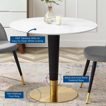 Round white MDF dining table with easy-clean coating on a black pedestal and gold circular base; includes non-marking foot ring.
