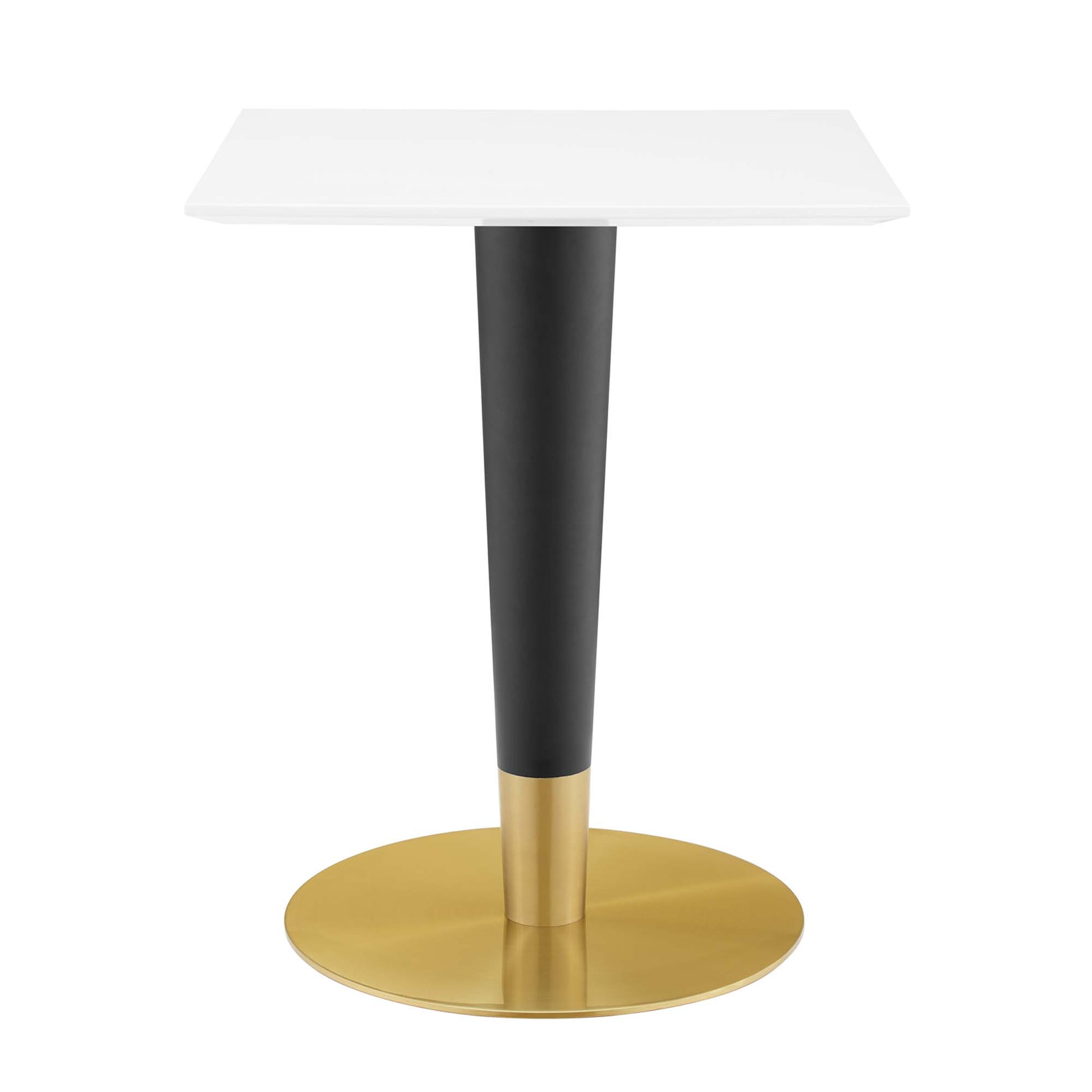 White square dining table with a black tapered pedestal and a gold round base.