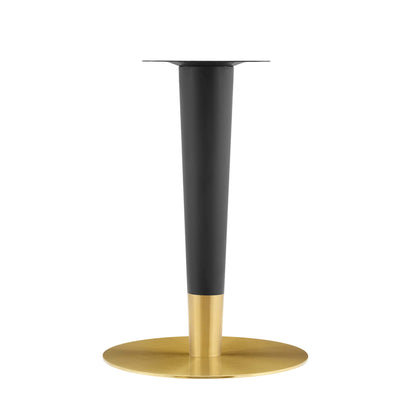 White square dining table with a gold-toned pedestal base and collar