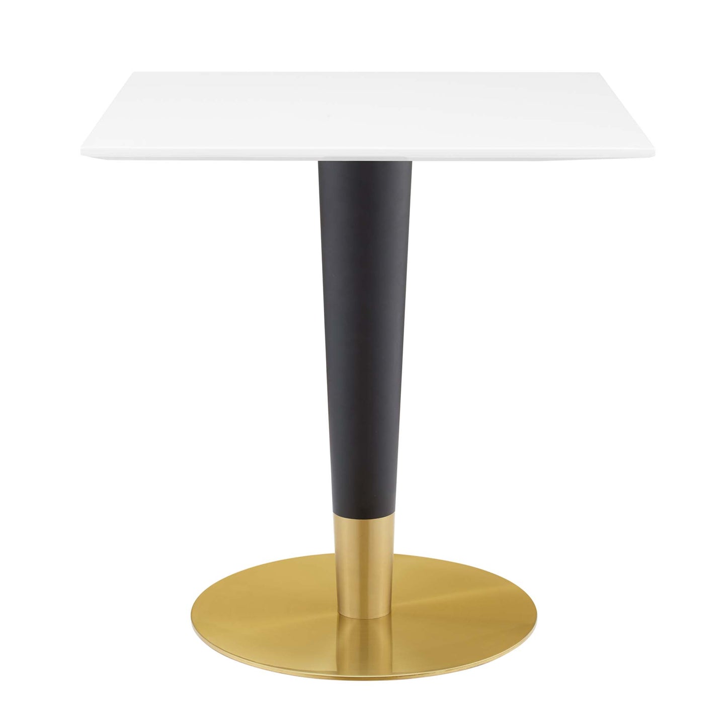 White square top dining table with black tapered stem and gold circular base, modern design.