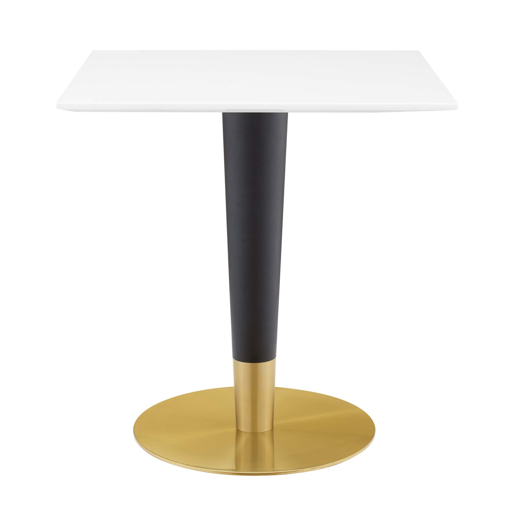 White square top dining table with black tapered stem and gold circular base, modern design.