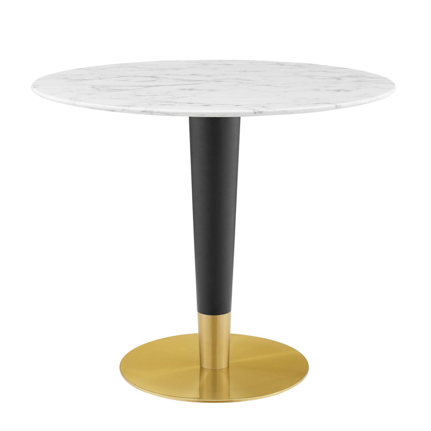Round white marble-top dining table with a black tapered pedestal and gold base.