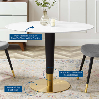 Oval white MDF tabletop on a black-and-gold pedestal base with a non-marking foot ring; modern dining table.