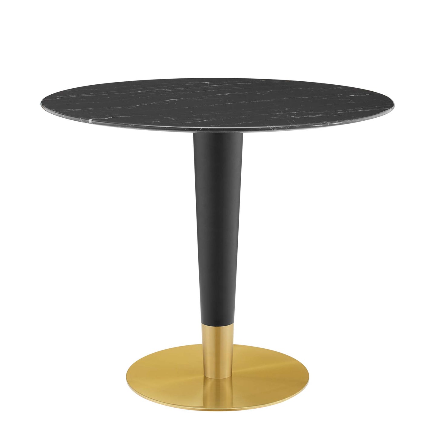 Round black marble-top table with black tapered central stem and gold circular base