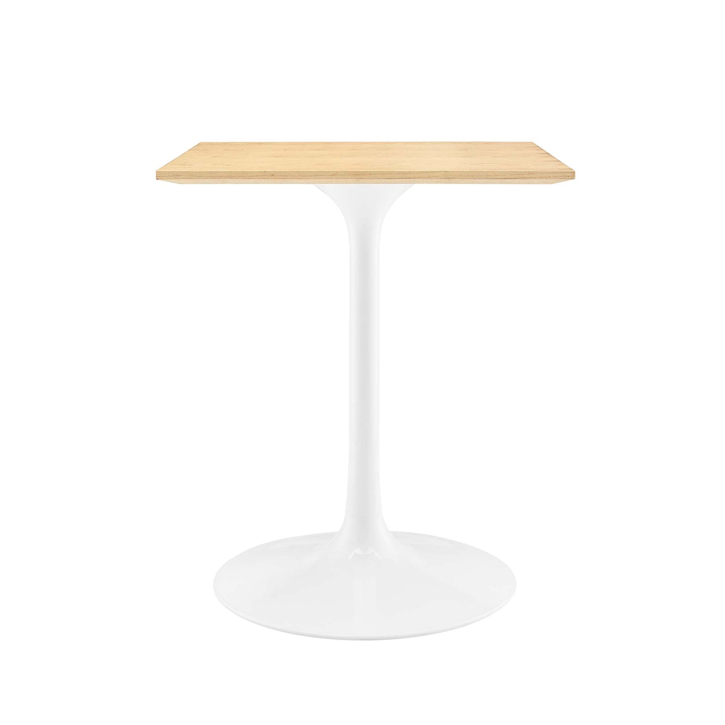 White tulip-style pedestal dining table with a natural wood 24" square top and a circular pedestal base