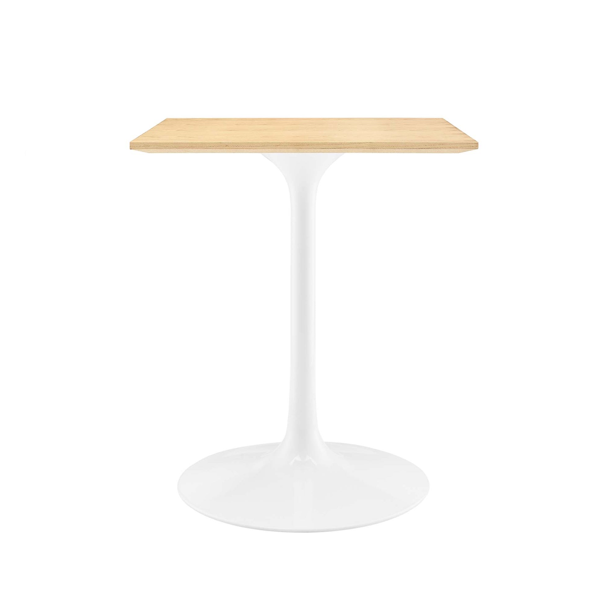White tulip-style pedestal dining table with a natural wood 24" square top and a circular pedestal base