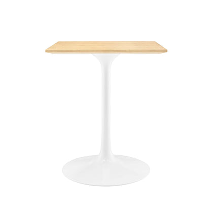 White tulip-style pedestal dining table with a natural wood 24" square top and a circular pedestal base