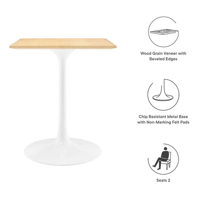 Wood grain veneer tabletop with beveled edges on a white tulip pedestal base; seats 2.