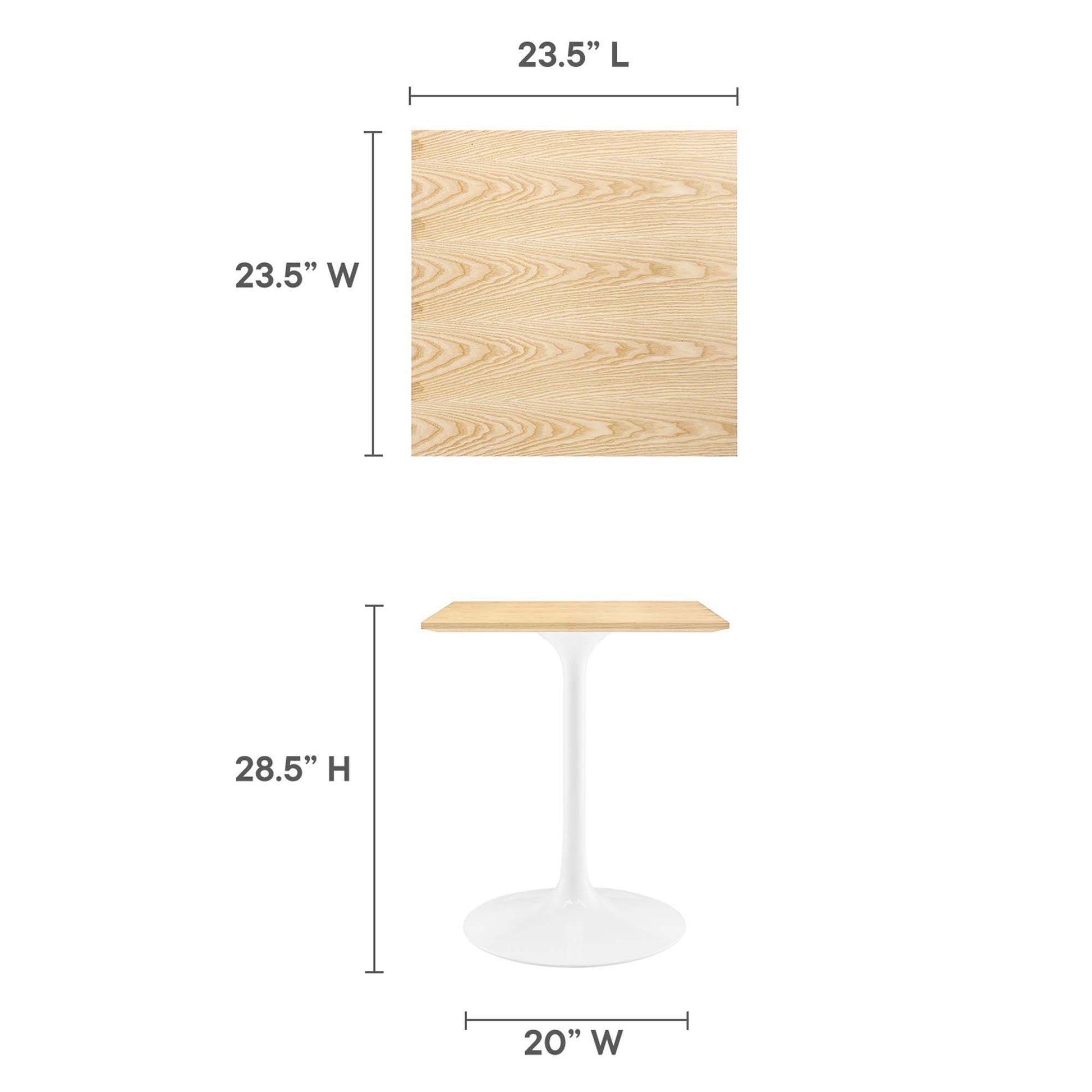 Natural wood square tabletop (23.5in) on a white pedestal with 20in dia base, 28.5in tall.
