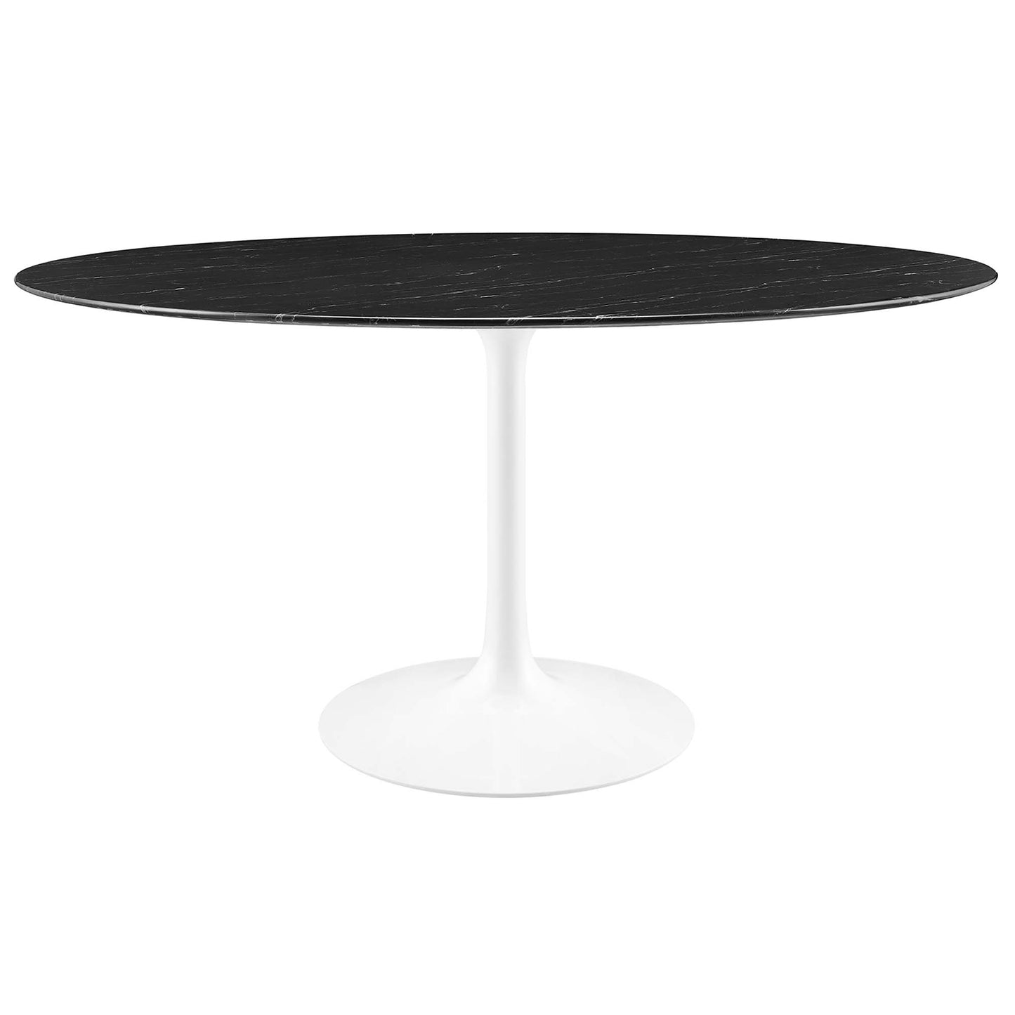 Round black marble-style tabletop on white tulip pedestal base, mid-century modern dining table.