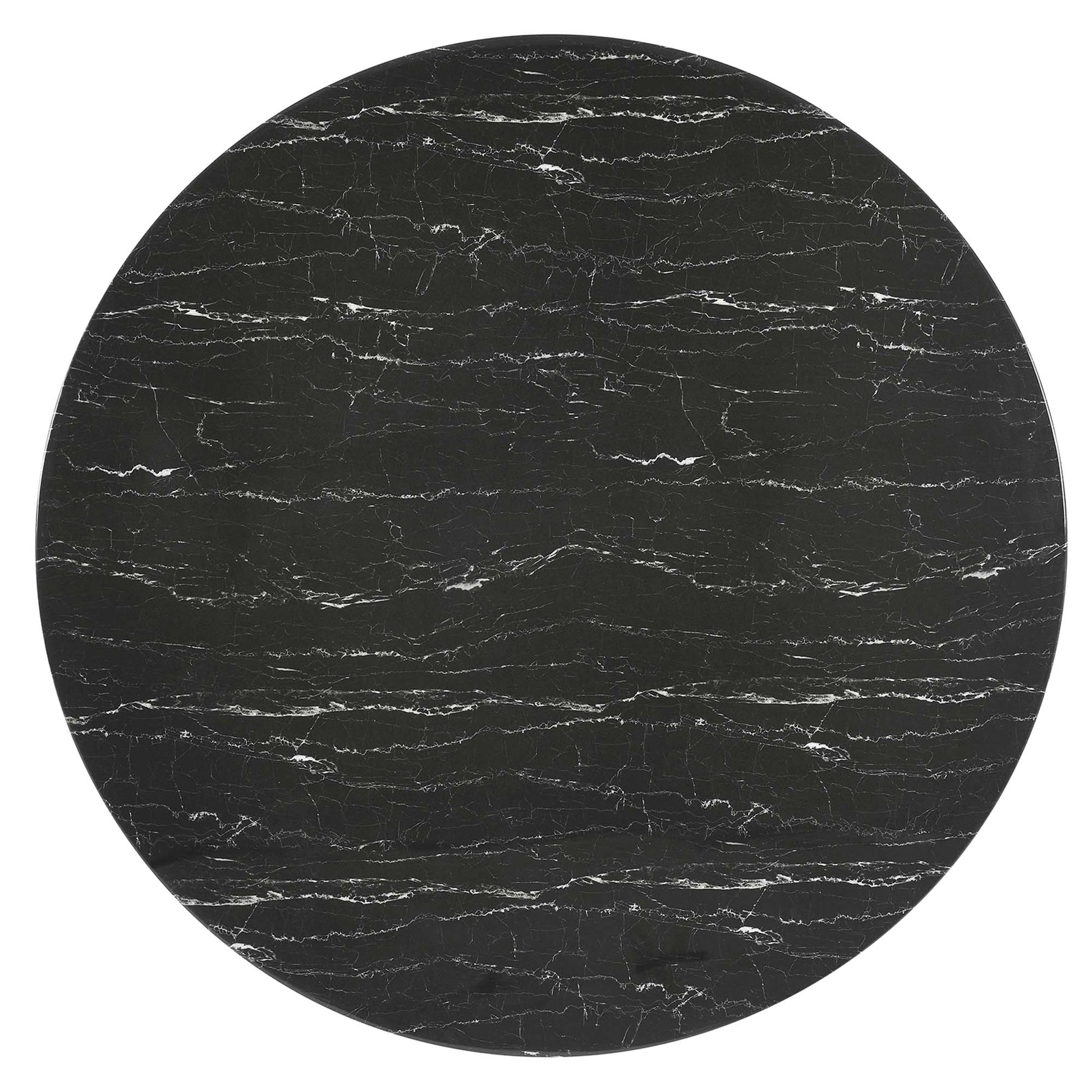 Round faux-marble dining table in black with white veining; sleek, modern dining furniture.