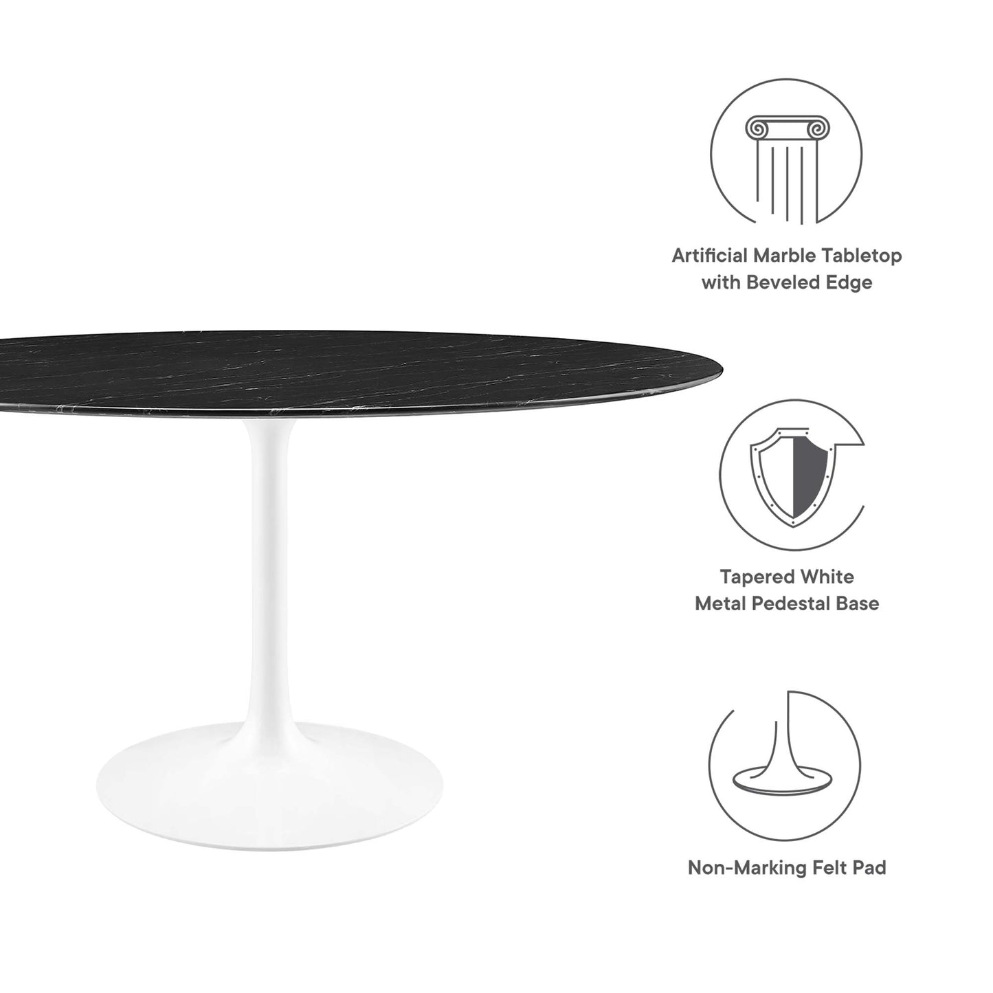 Round artificial marble tabletop in black with beveled edge atop a white tapered metal pedestal base; non-marking felt pads.