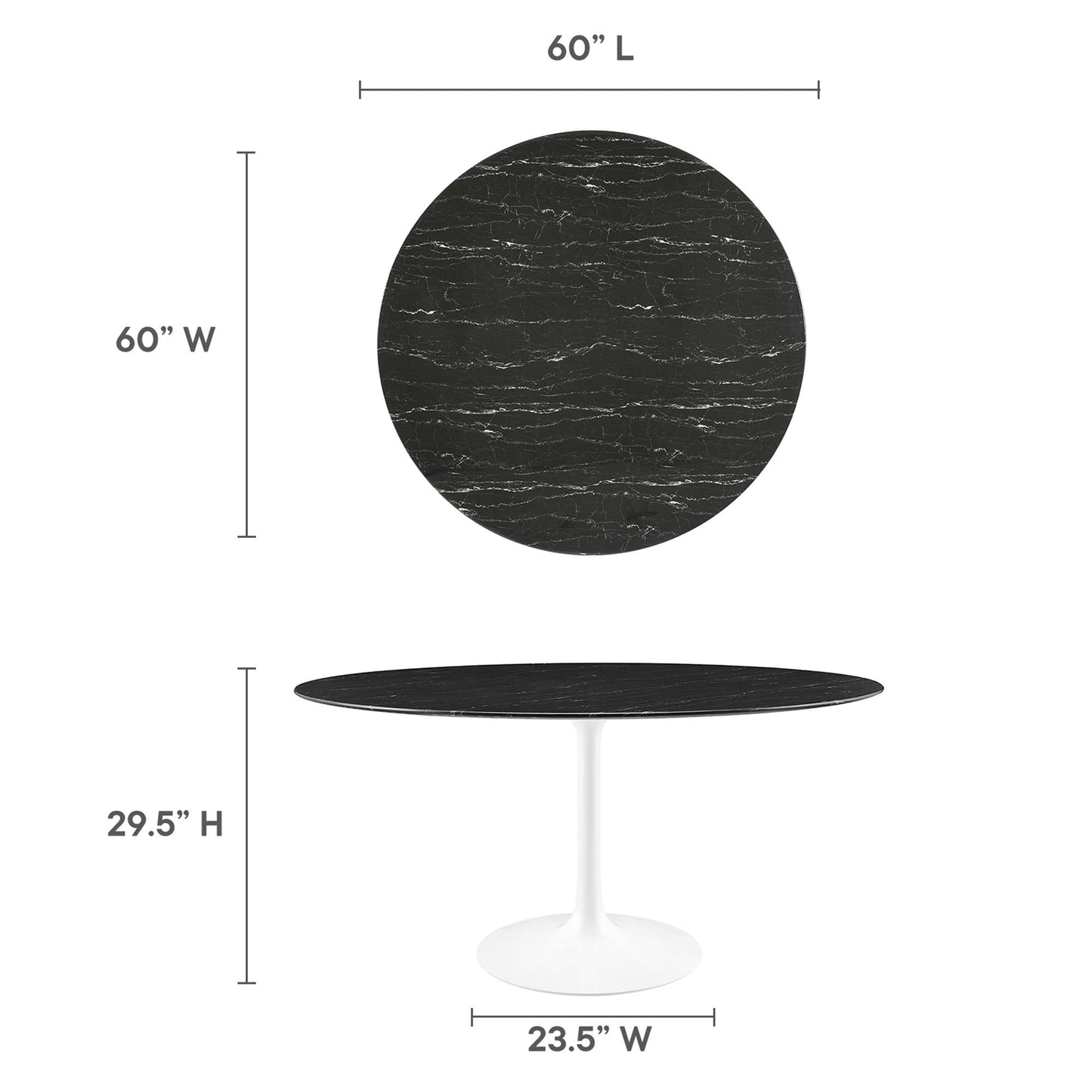 60-inch round black marble-look tabletop on white pedestal base, 29.5" high, pedestal 23.5" wide.
