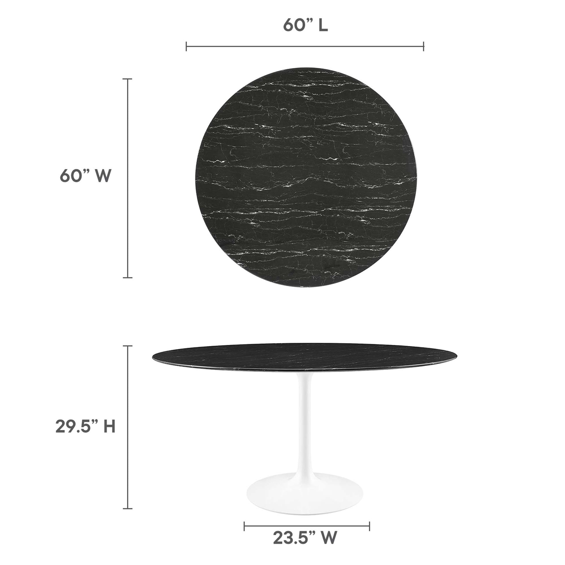 60-inch round black marble-look tabletop on white pedestal base, 29.5" high, pedestal 23.5" wide.
