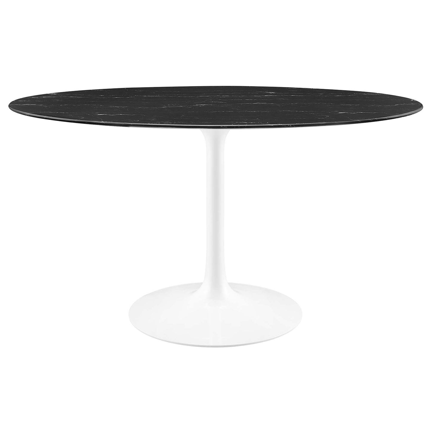 54" oval white faux-marble dining table on a black tulip pedestal base.