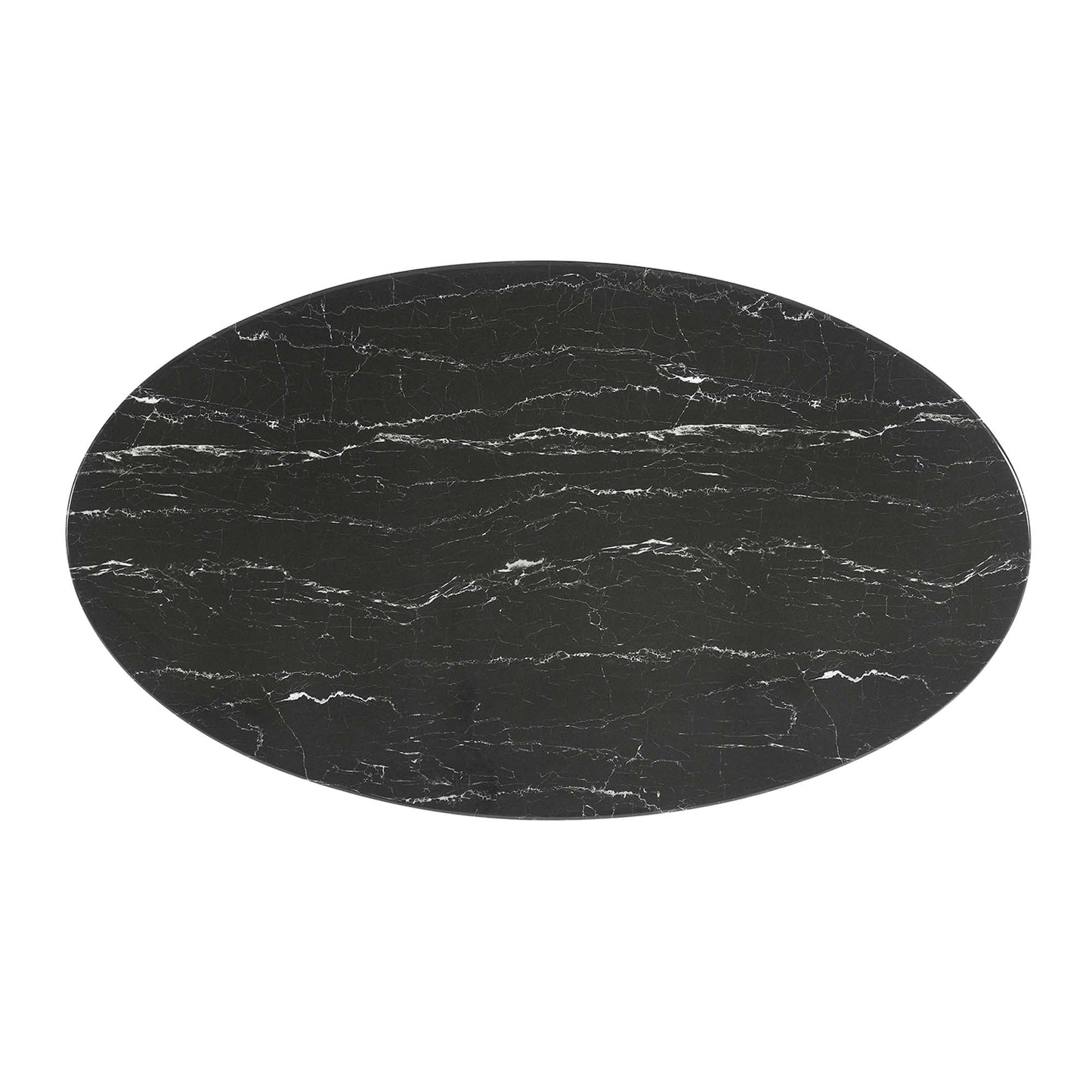 Oval faux marble dining table top in black with white veining, polished surface.