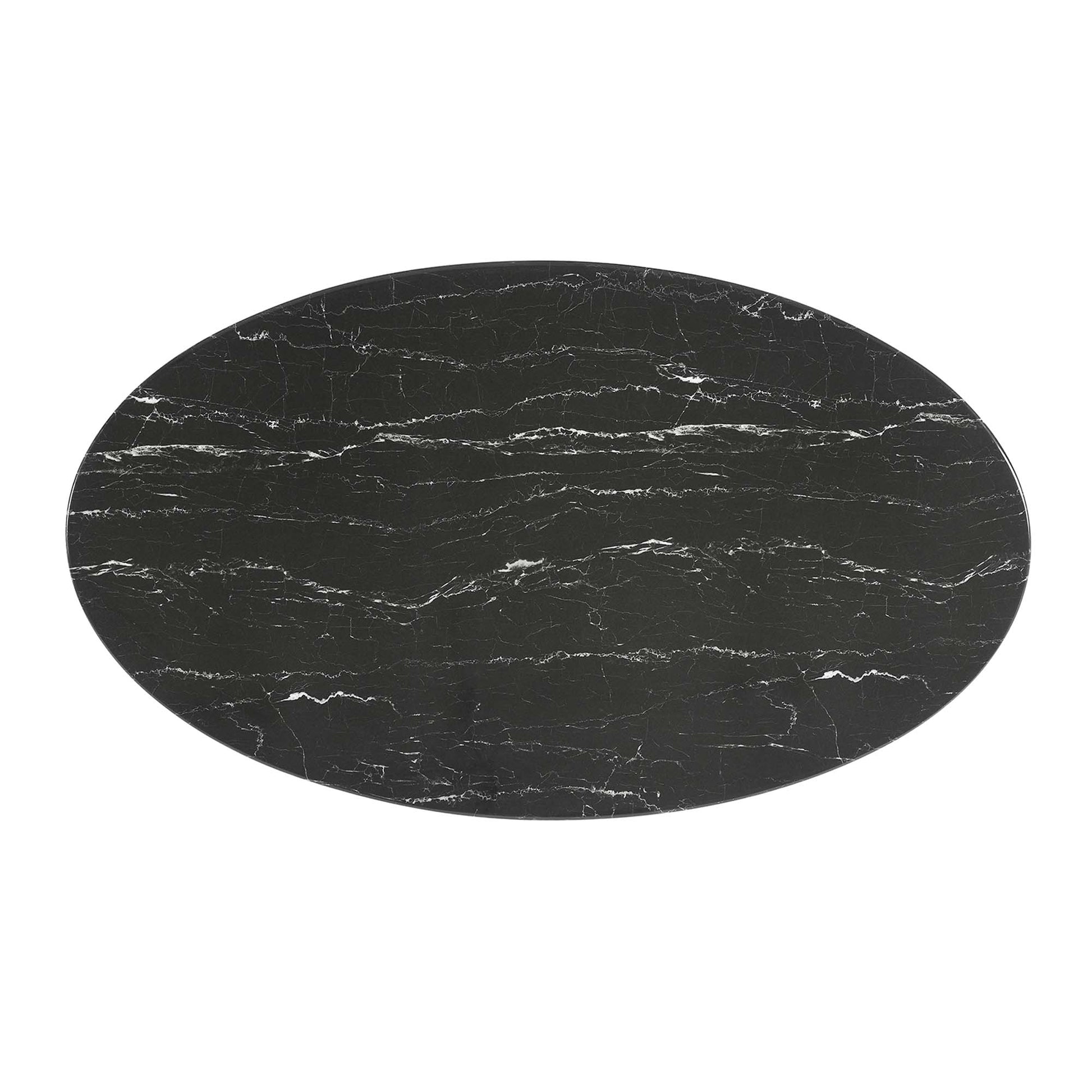 Oval faux marble dining table top in black with white veining, polished surface.
