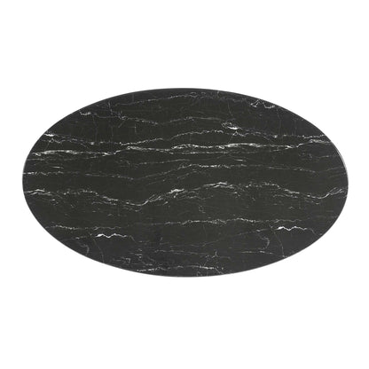 Oval faux marble dining table top in black with white veining, polished surface.