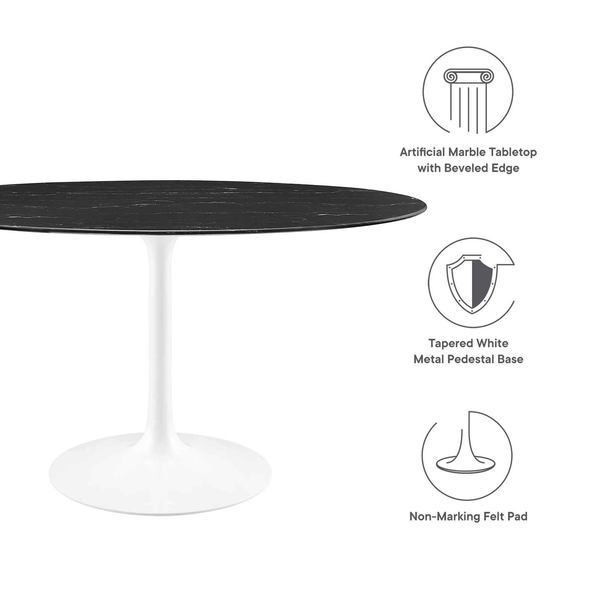 54" oval black faux marble dining table with a beveled-edge top, supported by a tapered pedestal base, and non-marking felt pads.
