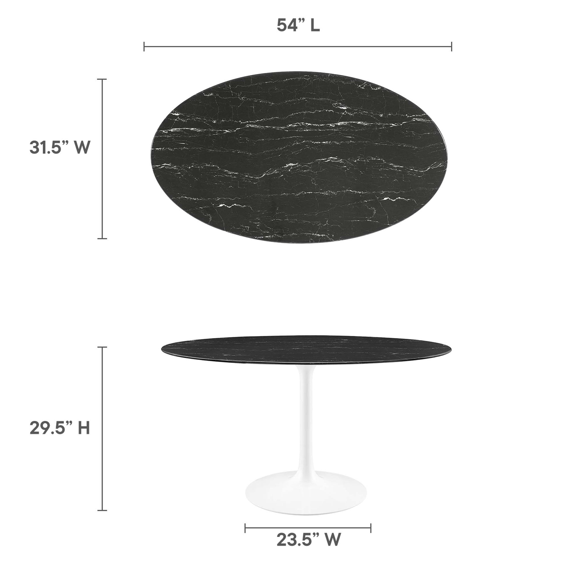 Oval faux marble top on white pedestal dining table; 54" L x 31.5" W, 29.5" H