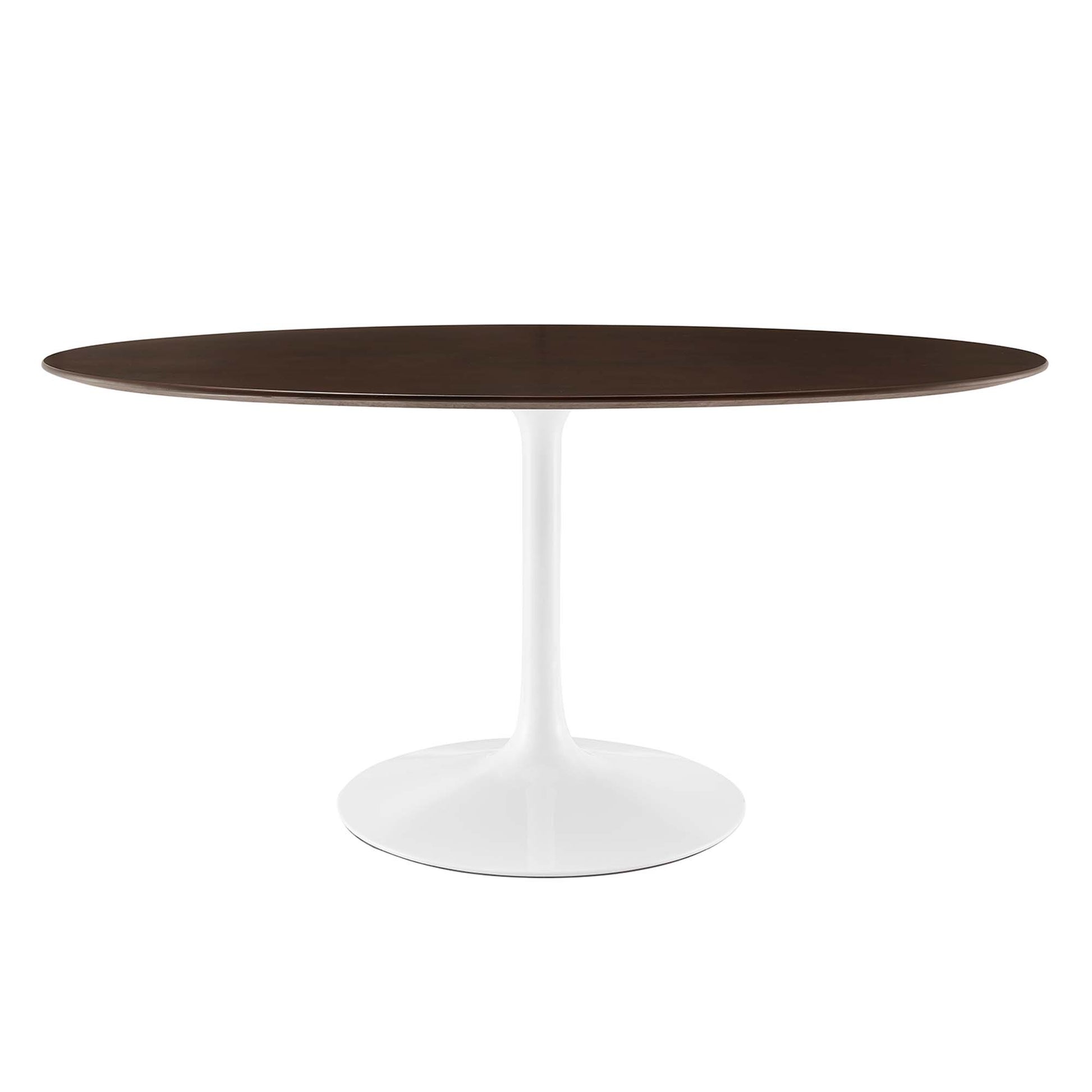 Dark wood 60-inch oval dining table with pedestal base.