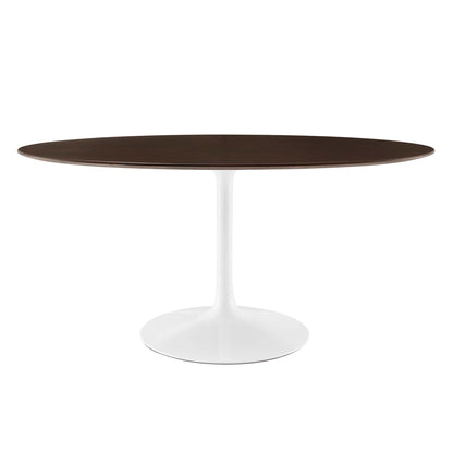 Dark wood 60-inch oval dining table with pedestal base.