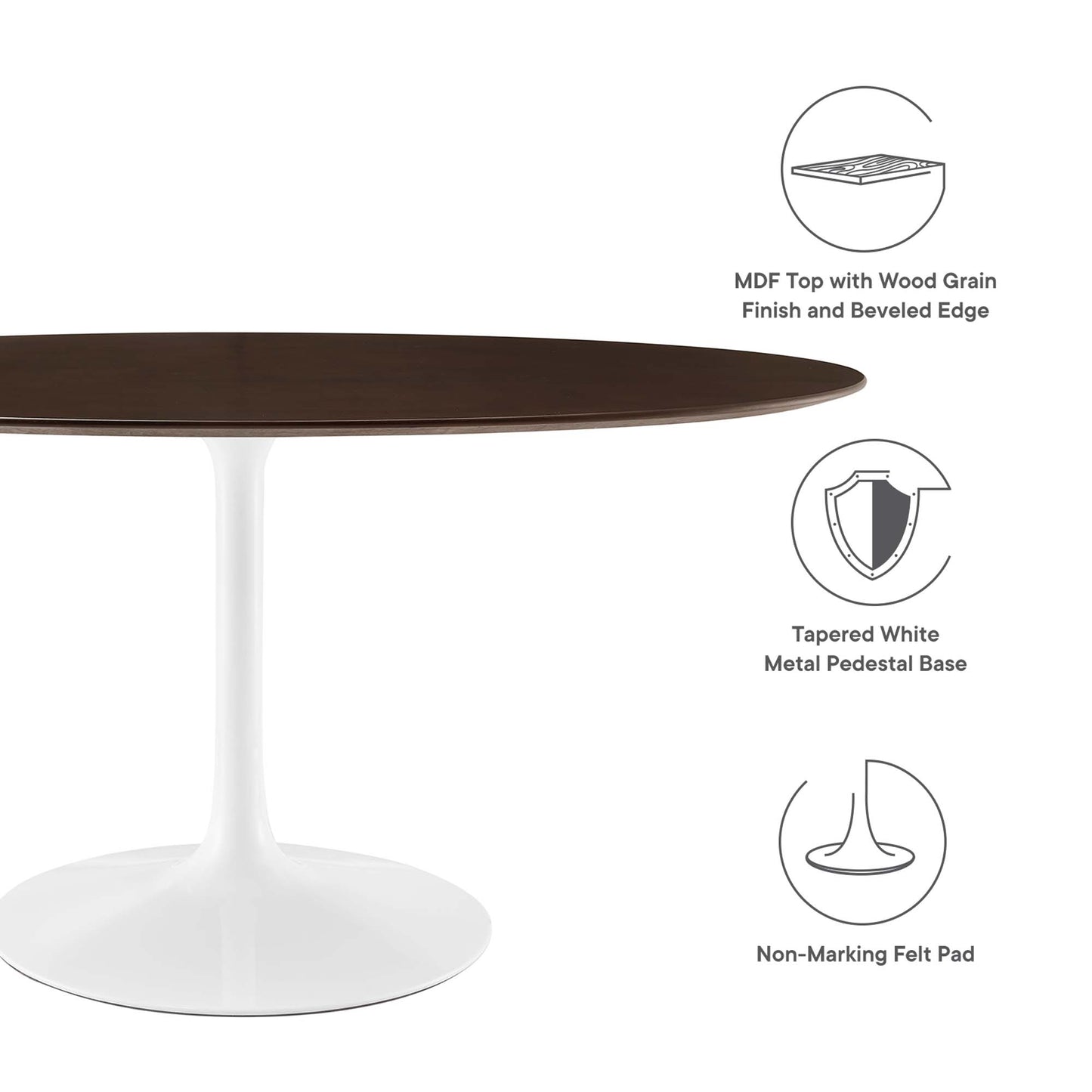 60" oval cherry walnut wood dining table top with a beveled edge on a tapered white metal pedestal base; non-marking felt pads.