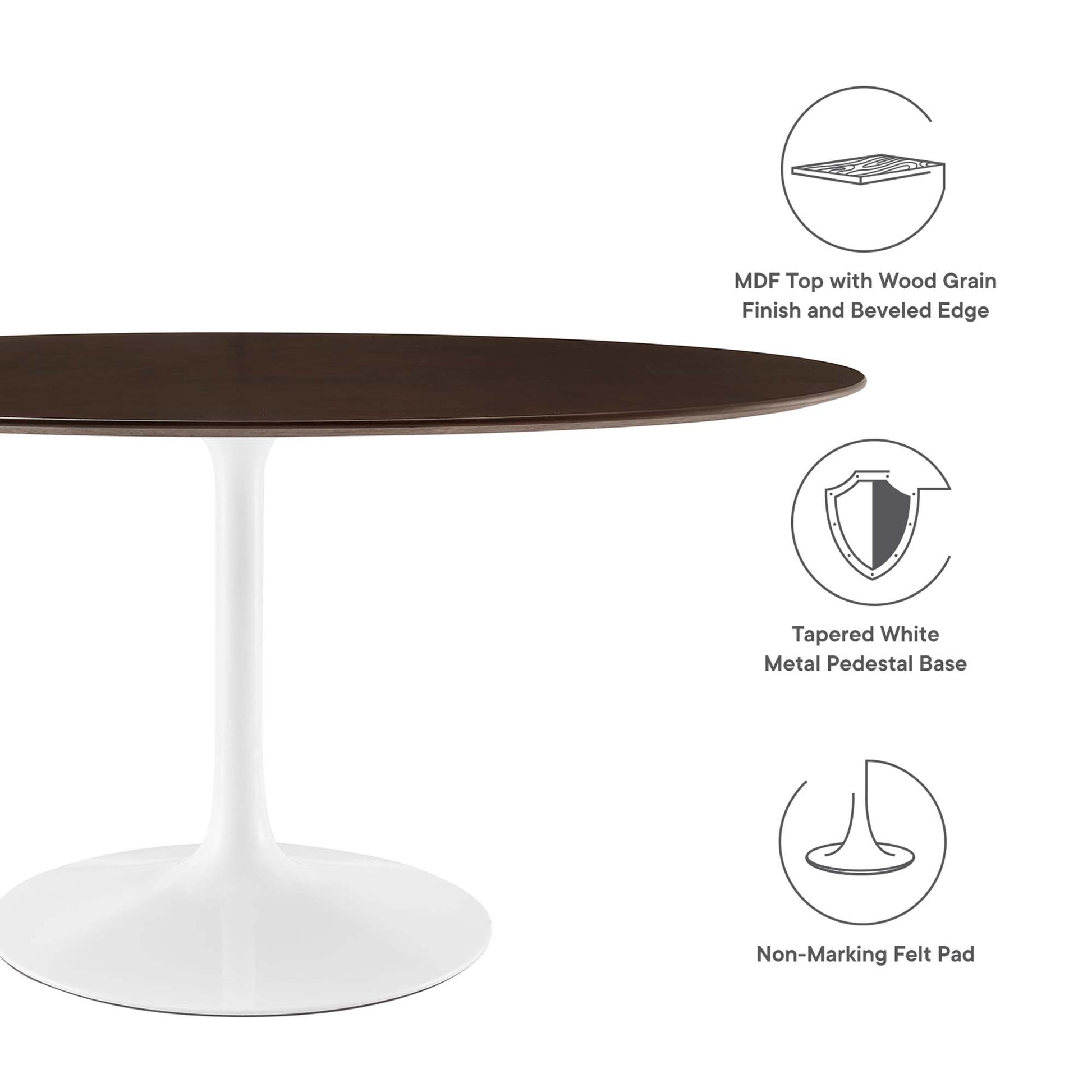 60" oval cherry walnut wood dining table top with a beveled edge on a tapered white metal pedestal base; non-marking felt pads.