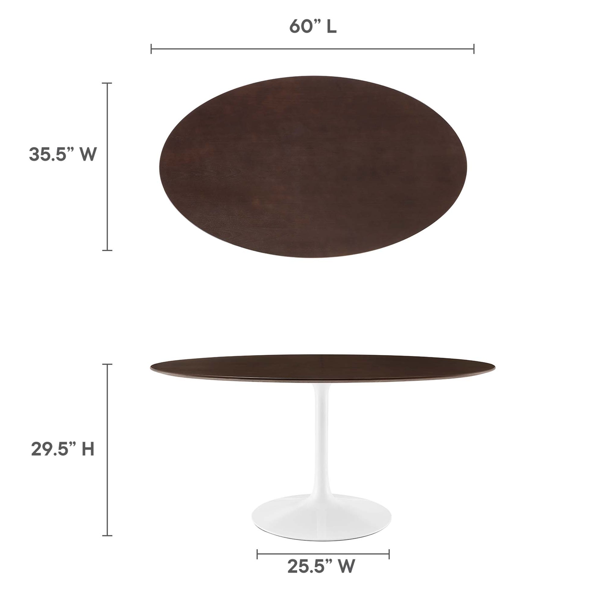 60" oval cherry walnut wood dining table with pedestal base; 60" L x 35.5" W, 29.5" H, 25.5" pedestal width.