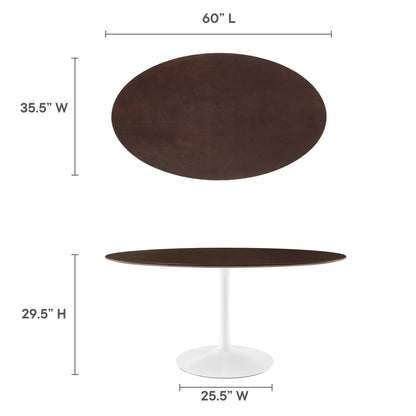 60" oval cherry walnut wood dining table with pedestal base; 60" L x 35.5" W, 29.5" H, 25.5" pedestal width.