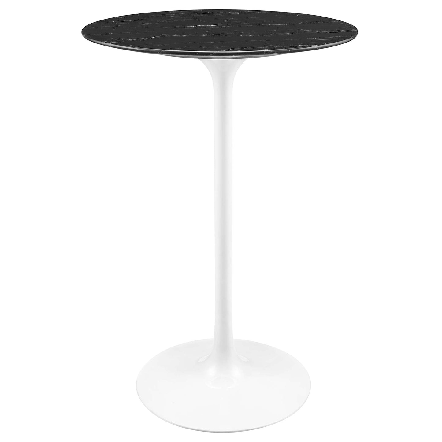 Round black marble-look tabletop on a white pedestal base; modern tall bar table.