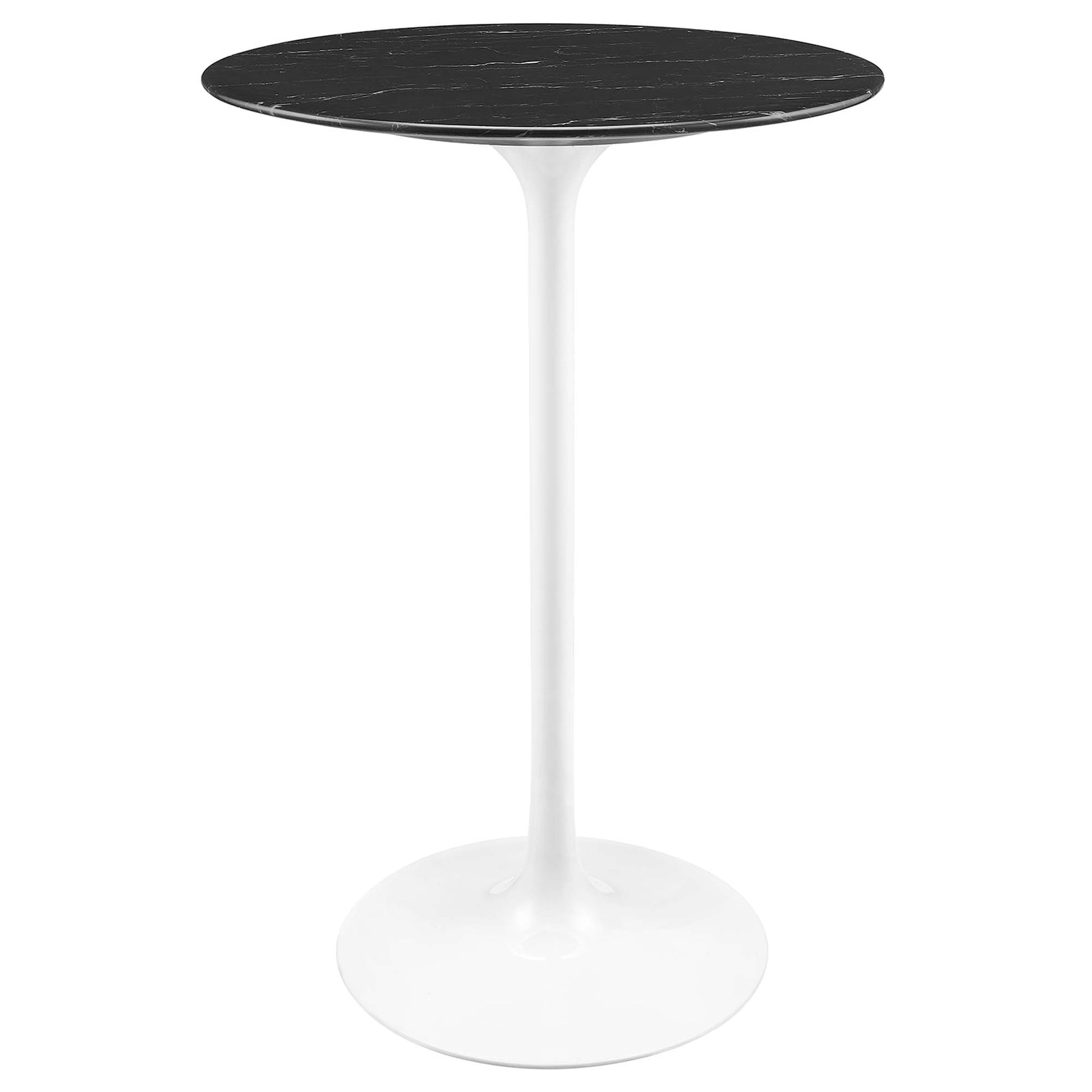 Round black marble-look tabletop on a white pedestal base; modern tall bar table.