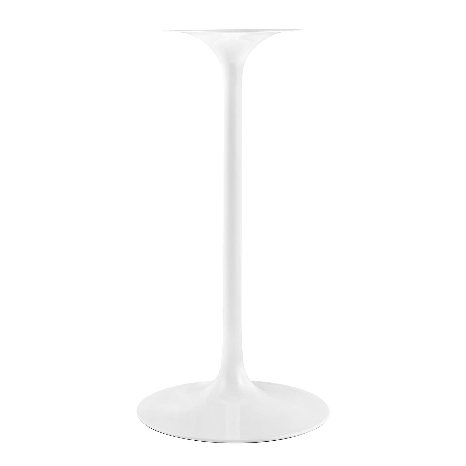 White modern pedestal with long slender stem, round base, and flat circular top plate.