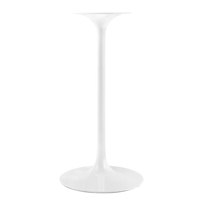 White modern pedestal with long slender stem, round base, and flat circular top plate.