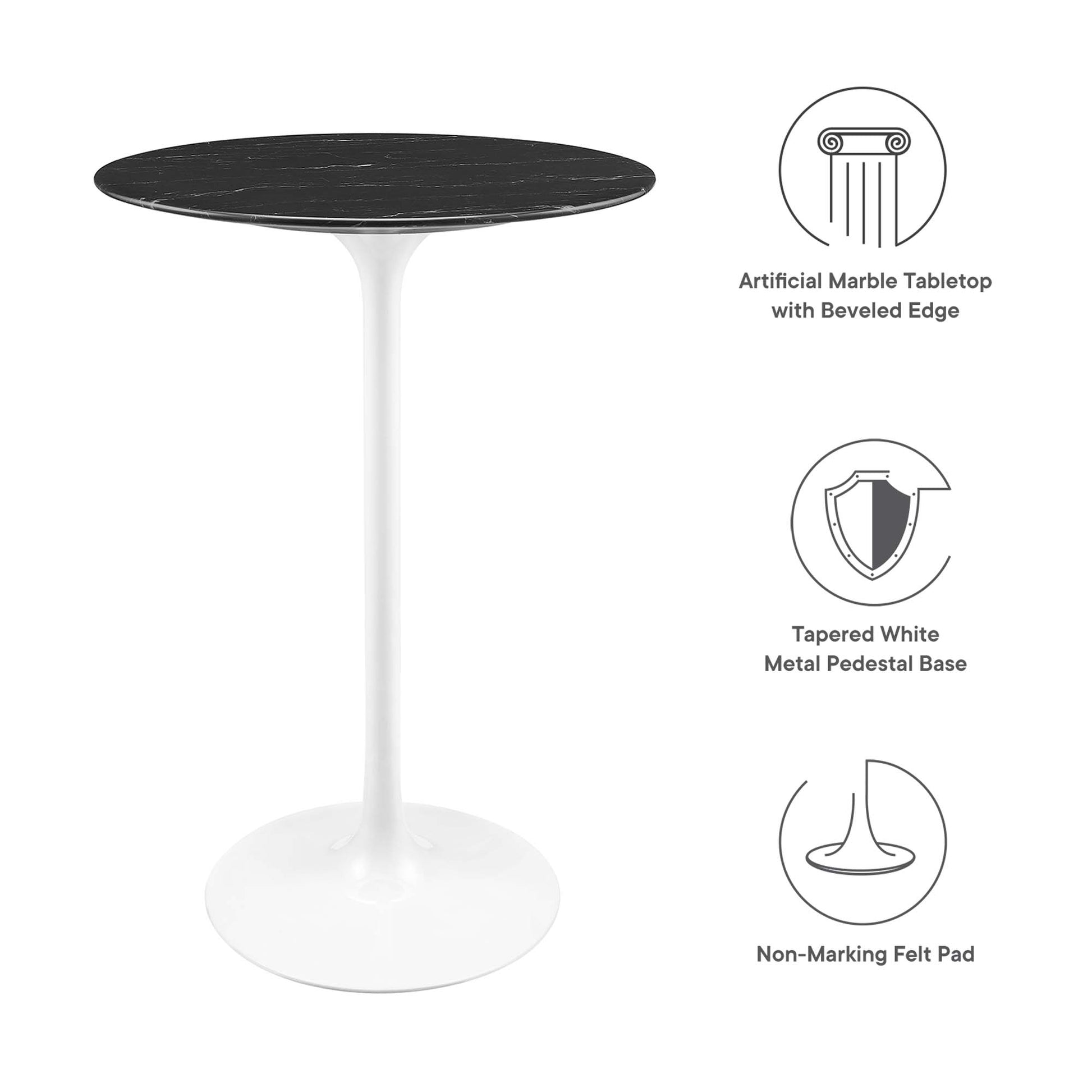 Round black artificial marble tabletop with beveled edge on a white tapered pedestal base; non-marking felt pad.